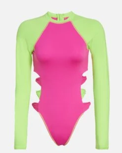 LoveShackFancy X Hurley - Max Solid Blocked Bow Cheeky Surf Suit -Quality Apparel Shop HLSFO104 MAGENTA NEON LIME 1