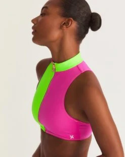 LoveShackFancy X Hurley - Max Solid Blocked High Neck Bikini Top -Quality Apparel Shop HLSFT105 MAGENTANEONLIME 7