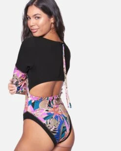 Palm Paradise Long Slv Bodysuit -Quality Apparel Shop ho1001 black 3